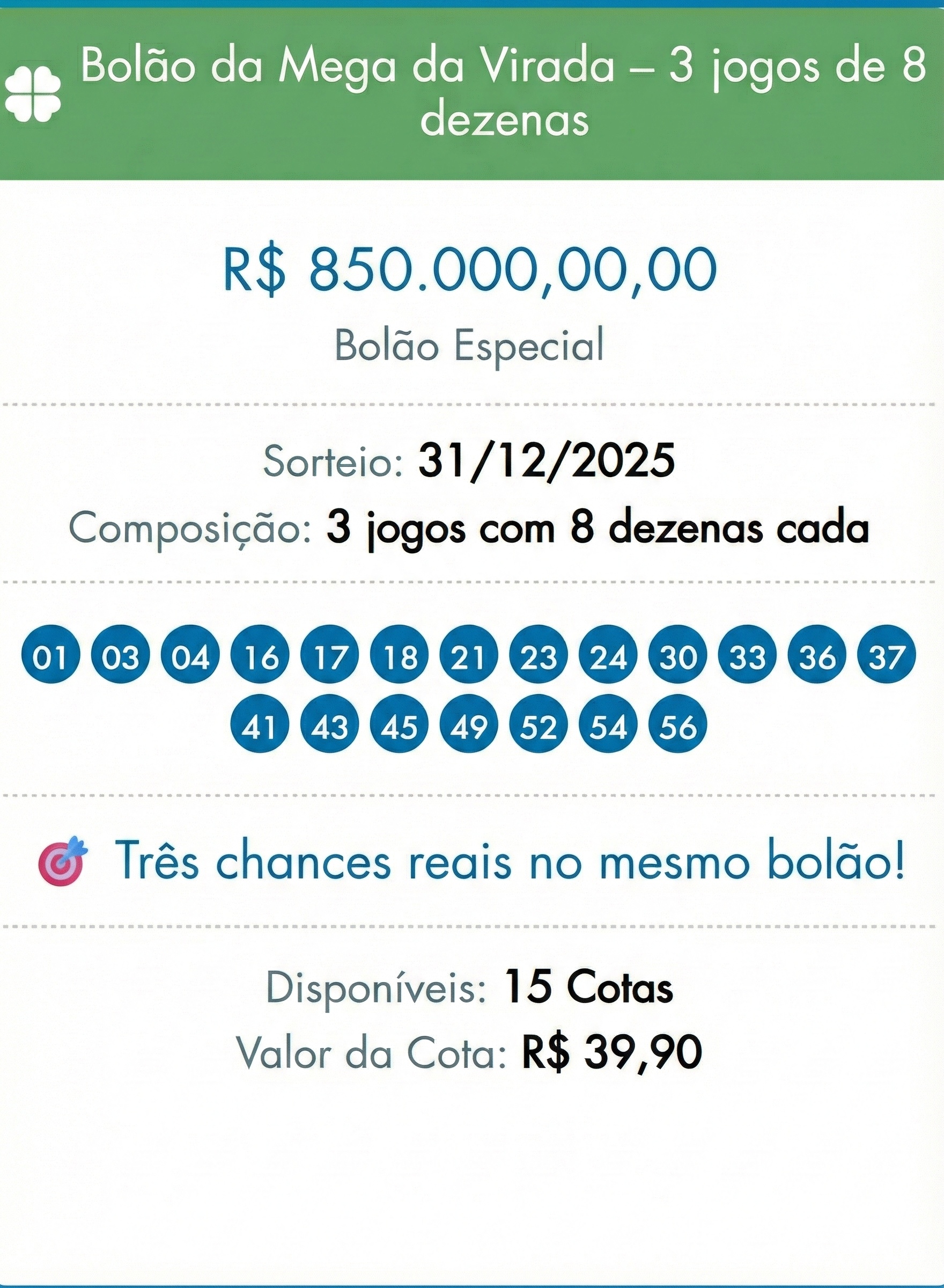Bolão da Mega da Virada - 3 jogos de 8 dezenas